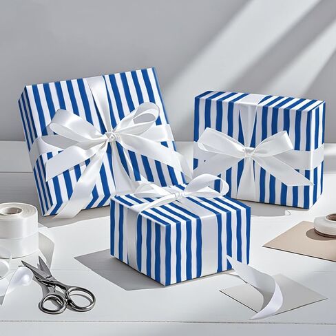 RUSPEPA Navy Blue Striped Wrapping Paper Roll, Mini Roll, Watercolor Brushstroke Stripe Design Gift Wrap Paper for Birthday, Holiday, Father's Day and Graduation, 17 Inches x 16.4 Feet in Kuwait