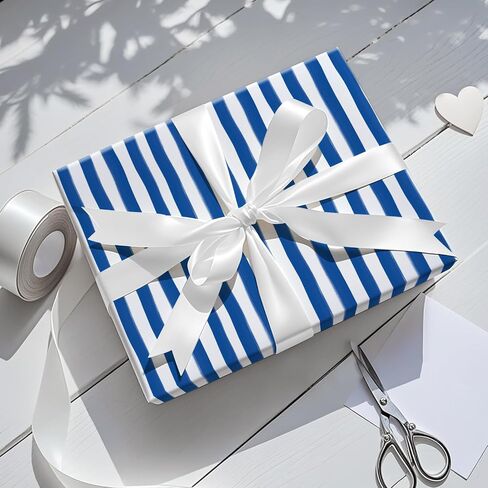 RUSPEPA Navy Blue Striped Wrapping Paper Roll, Mini Roll, Watercolor Brushstroke Stripe Design Gift Wrap Paper for Birthday, Holiday, Father's Day and Graduation, 17 Inches x 16.4 Feet in Kuwait