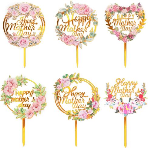 6 pcs Happy Mother's Day Cake Topper Cake topper Acrylic Mirror Cake topper Decorative Party Cake Decoration for Mother's Day (Pink Heart Flower 6pcs) in Saudi Arabia
