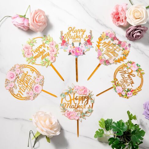 6 pcs Happy Mother's Day Cake Topper Cake topper Acrylic Mirror Cake topper Decorative Party Cake Decoration for Mother's Day (Pink Heart Flower 6pcs) in Saudi Arabia