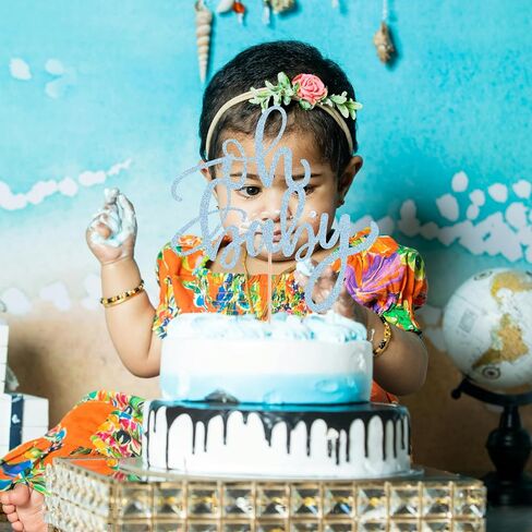 Oh Baby Cake Topper - Light Blue Glitter, Boys or Girls, Baby Shower Cake Decorating Supplies, Toppers for Baby Showers, Gender Reveal Parties, Perfect for Birthdays in Kuwait