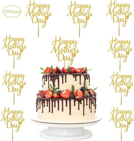 10 Pcs Happy Mother's Day Cake Topper Acrylic Cake Topper Mother Day Cupcake Topper Heart Shaped Cake Picks Cake Accessories for Birthday Mothers Day Gifts Cake Decoration Party (Gold) in Kuwait