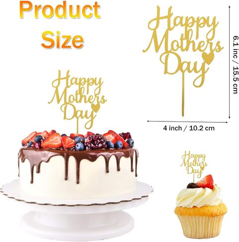 10 Pcs Happy Mother's Day Cake Topper Acrylic Cake Topper Mother Day Cupcake Topper Heart Shaped Cake Picks Cake Accessories for Birthday Mothers Day Gifts Cake Decoration Party (Gold) in Kuwait