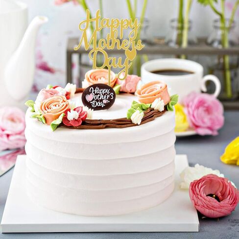 10 Pcs Happy Mother's Day Cake Topper Acrylic Cake Topper Mother Day Cupcake Topper Heart Shaped Cake Picks Cake Accessories for Birthday Mothers Day Gifts Cake Decoration Party (Gold) in Kuwait