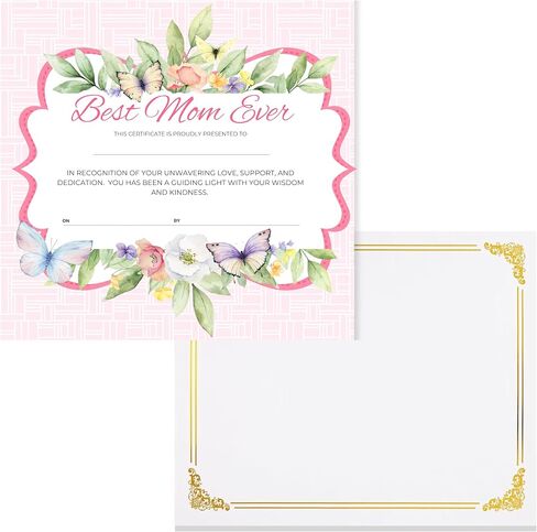 Mothers Day Certificate, Best Mom Ever Award Certificate for Mom, 8.5 x 11 inches, With White Certificate Presentation Holder, Beautiful Gift for Mom from Son or Daughter (Butterfly) in Saudi Arabia