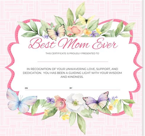 Mothers Day Certificate, Best Mom Ever Award Certificate for Mom, 8.5 x 11 inches, With White Certificate Presentation Holder, Beautiful Gift for Mom from Son or Daughter (Butterfly) in Saudi Arabia