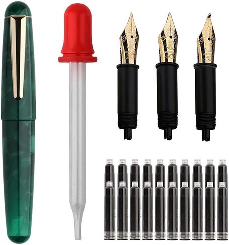 Majohn Q2 Mini Resin Fountain Pen Pocket-Size Travel Pen Iridium Fine Nib Fountain Pen with 3 Pen Nibs, Short Size Eyedropper and 20 Black Ink Cartridges - Green in Saudi Arabia