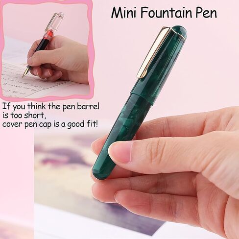 Majohn Q2 Mini Resin Fountain Pen Pocket-Size Travel Pen Iridium Fine Nib Fountain Pen with 3 Pen Nibs, Short Size Eyedropper and 20 Black Ink Cartridges - Green in Saudi Arabia