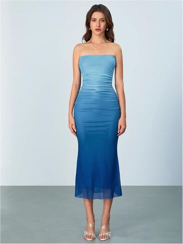 فستان MakeMeChic طويل بدون حمالات للنساء، فستان كوكتيل شبكي متدرج اللون، فساتين أنبوبية in Kuwait