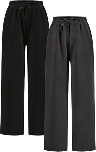 Girl's 2 Pack Pants Drawstring Waist Wide Leg Pants High Waisted Loose Casual Sweatpants in Kuwait