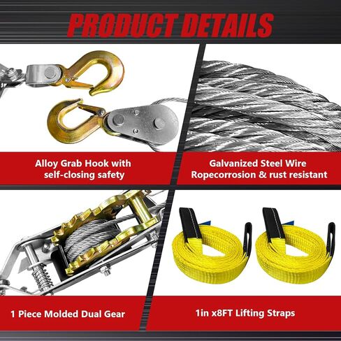 Come Along Winch 1 T Pulling Capacity 7 FT Steel Cable 2 Hooks Heavy Duty Ratchet Power Puller Tool with Dual Gears Automotive Hoist Cable Puller Ideal for Vehicle Rescue. in Saudi Arabia