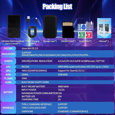 2025Newly Upgraded V40 MAX Retro Handheld Game Console with 256G Built-in 20000+ Classic Games, 4.0 Inch 4K HD IPS Screen Open Source Linux System, 4000mAh Battery, Portable Pocket Video Game Console in Kuwait