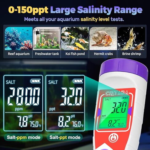 Digital Salinity Tester for Salt Water - Aquarium Salinity Meter with ATC, IP67 Waterproof, 0-200 PPT Large Range Multi-Parameter Tester for Seawater, Fish Tank, Hydroponics in Saudi Arabia