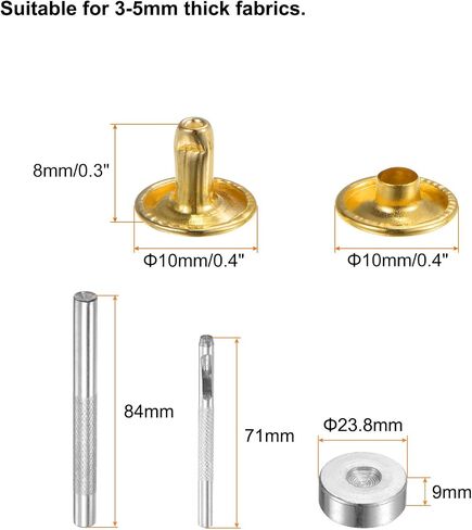 HARFINGTON 100 Sets Leather Rivets 8 x 10mm Metal Double Cap Rivet Snaps Studs Fasteners with 3pcs Setting Tools for Leather Craft DIY Repair Decoration, Gold Tone in Saudi Arabia
