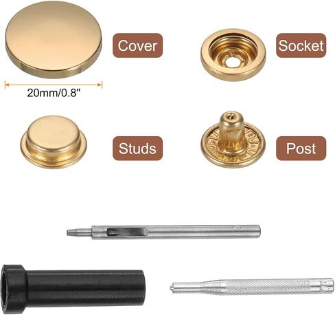 HARFINGTON 24 Set Leather Snap Fasteners Kit 20mm Metal Snap Button Press Studs Leather Rivets Snaps with 3 Setter Tools for Clothes Jackets Jeans Wears, Gold in Saudi Arabia