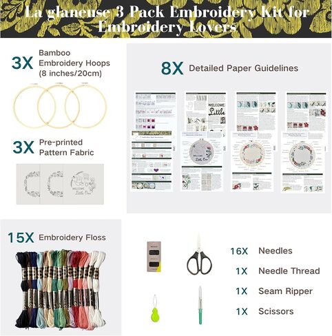 La Glaneuse 2 Pack Pack Tembroidery Kit للبالغين ، هدية إبرة DIY من نمط إطار الصور الأزهار لعشاق الحرفيين ، والمبتدئين ودية مع إرشادات الورق ومقاطع الفيديو التعليمية in Kuwait