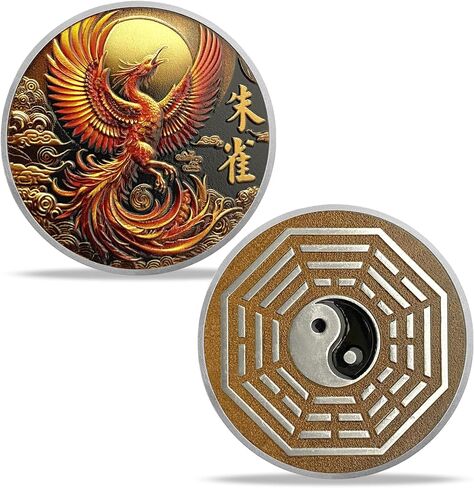 عملة تحدي الطيور فيرميليون - صينية Zhu Que مع Yin -Yang و Bagua رمز - رمز التجديد والحماية والوئام في الفلسفة الشرقية in Kuwait