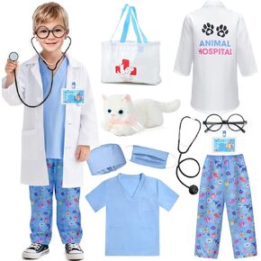 Latocos 10pcs Kids Veterinarian Costume Toddler Doctor Vet Kit Play Set Cat Coat for Boys Girls Halloween Dress Up Career Day