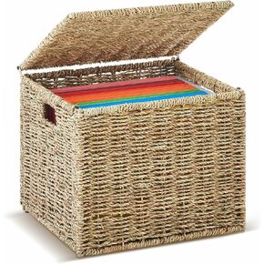 Marspark Seagrass File Storage Box Organizers Decorative File Baskets for Hanging Folders Portable Collapsible Letter Size Document Filing Cabinet with Lid for Office Decor Home,Natural