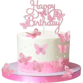 13 PCS Pink Butterfly Cake Decorations 3D Pink Happy Birthday Cake Topper Topper Toppers Cupcake Cupcake Topper for Girls Women Butterflies for Party Cakes Decor