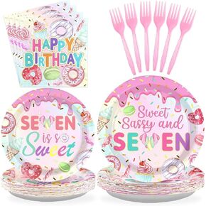 Grencian 96 PCS Donut 7th Birthday Party Decorations Sweet Sassy Birthday Party مجموعات يمكن التخلص منها لفتاة ألواح الدونات الملونة والمناديل والشوكات ، اللوازم التي عمرها 7 سنوات.