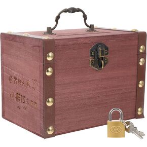 Coin Saving Box - Wooden Treasure Chest with Lock - Piggy Bank Coin Jar