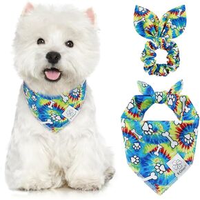 E-Clover Dog Bandanas & Matching Scrunchie Set Girl Flower Dog Scarf Bibs Pet Bandana with Bow Tie for Small Dogs Puppy Owner Fall
