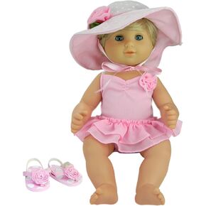 نمط الباليه صوفيا قطعة واحدة للسباح مع زهرة زهرة ، polka dot sun hat & flip flop flop for 15 inst dolls ، وردي فاتح