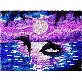 Latch Hook Kits Rug Dolphins & Purple Sunset DIY Cushion Tapestry Making Crochet Hook Mat Making Kits Color Preprinted Pattern Canvas DIY Hooking Needlework Crochet Kits 52x38cm (S11-181)