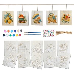 NSOICRAC WOODEN PANING CRAFTS للأطفال ، 10 ٪ من الحرف الخشبية غير المكتملة للأطفال والبالغين ، والليمون ، والدراجات ، والبوم ، والمظلات والشاحنات الخشبية القابلة للتلوين شريحة الخشب مع سلسلة.