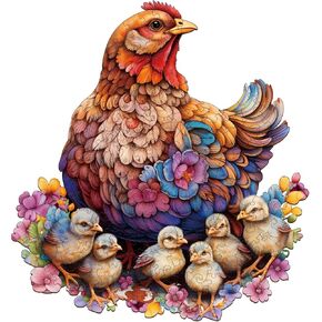 Jigfoxy Wooden Puzzle for Adults, Hen and Chicks Wooden Jigsaw Puzzles for Adults, Unique Animal Shape Wood Cut Puzzles for Family Friend Puzzle Lovers(M-10.6 * 11.4in-180pcs)