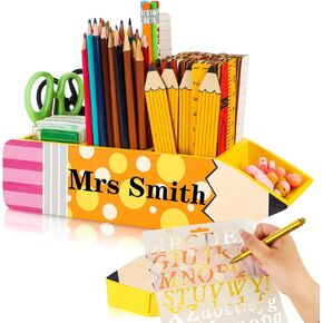 هدايا تقدير المعلم ويالين هدايا قلم رصاص أصفر خشبي القلم مكتب المنظم اسم الحاوية DIY PEN للعودة إلى معلمي المدارس ديكور مكتب الفصل الدراسي ، 10.6x2.5x3 في