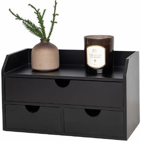 Rose Bloom Black Wood Desk Organizer مع 3 درج ، خزانة صغيرة صغيرة مع رف التخزين للوح ، منظم صندوق سطح المكتب الصغير لمستلزمات مكتب التجميل