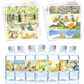 48CS Classic Winnie Water Bottle Labels Bear Honey Party Winnie Party Show Decorations Winnie و Friends Birthday Party Supplies for Winnie Mug Dug Drink Cup Stickers