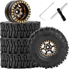 RC 1.0 RIMS WHELE RIMS وإطارات العجلات لـ 1/18 1/24 SCX24 TRX4M FMS FCX24 RC CRAWLER CAR ، Full Brass 1.0 Beadlock Wheels Tires Set & Wheel Rims (Black-C) 4pcs