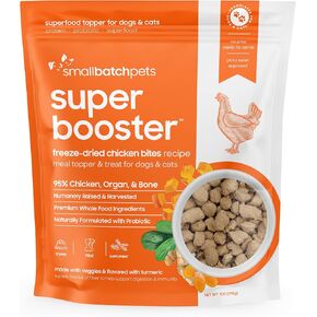 Smallbatch Pets Freeze-Dried Chicken Bites for Dogs & Cats, 7 oz, Made in The USA, Organic Produce, Humanely Sourced Meat, Single Source Protein, Mixer & Topper, Healthy, with Tumeric and Probiotics