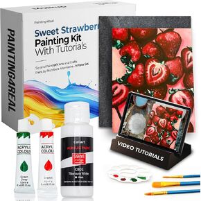 Painting4 REAL DIY فئة الطلاء للبالغين مع البرامج التعليمية للفيديو: تعلم أن ترسم الفراولة الحلوة - كيفية الطلاء مع الأكريليك - اللوحة واللوازم الفنية - 9 قطعة مجموعة الطلاء الاكريليك
