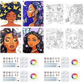DveHdbay 4 Pack Sip and Paint Kit للبالغين - قماش مسبقًا للطلاء والرسم والطلاء للبالغين الفتيات Night Canvas 8 × 10 بوصة ، وطلاءات الطلاء و SIP مجموعات لأزهار الليلة الليلية
