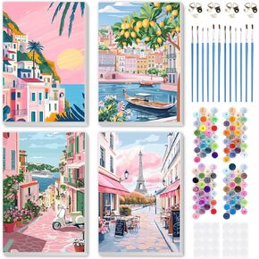 MEIYUDA 4 Pack Framed Paint by Numbers, Landscapes Easy Paint by Number Kits for Adults, DIY Scenery Acrylic Oil Paint by Numbers Canvas for Home Wall Decor and Prensents 8x12in