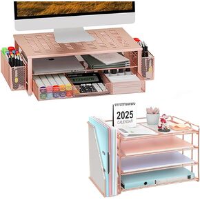 Gianotter Monitor Stand مع تخزين + منظم الورق 4 مستويات (الذهب الوردي)
