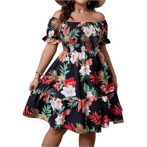 Floerns Women's Plus Size Ruffle Off Shoulder Floral Print Short Summer Dress