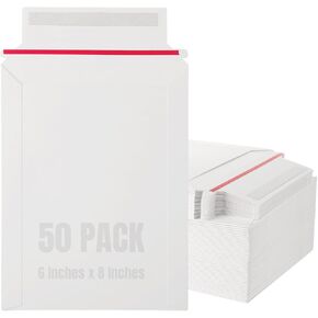 Rhblme 50 Pack Pail Peailers ، 6 × 8 بوصات مظاريف من الورق المقوى مع رفرف ختم ذاتي ، 450 GSM سميكة ومتينة ، البقاء مظاريف من الورق المقوى الأبيض مسطح