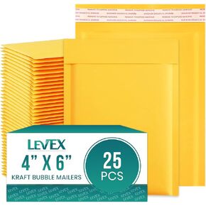 Levex - #0000 4" x 6" [25 Pack) Kraft Bubble Mailers, Padded Envelope Mailers, Packing Envelope & Mailing Bags for Shipping