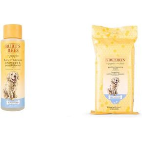 Burt's Bees for Pet Puppy Grooming Bundle: 2-in-1 الشامبو والبلسم ، 16 أوقية ، ومناديل للجرو ، 50 م ، مع Butterilk المشتقة بشكل طبيعي وزيت بذر الكتان