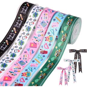 5 Rolls Back to School Ribbon, 25 Yards School Themed Ribbon Grosgrain Ruler Ribbon Crafting Fabric Ribbon for DIY Wrapping Crafts Teacher Appreciation Gifts Decorations Hair Bows (0.87 Inch Width)