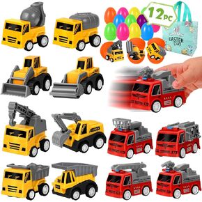 Swooflia 12 PCS Toy Cars Easter Eggs for Boys Kids - Mini Construction Fire Pull Back Trucks Vehicles Basket Stuffers Gifts for 3 4 5 6 7 8 Year Old