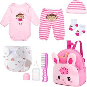 PEDOLLTREE Reborn Baby Doll Clothes Outfit Accessories Pink 8 Pcs Set with Rabbit Backpack&Diaper for 17-22 Inch Reborn Doll Newborn Baby Girl