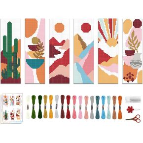 ACRNIGHEET 6PCS Cross Stitch Bookmark Kit for Beginner Boho Abstract Landscape Stamped Cross Stitch Kits for Adults Crossstitch Kits Adult Bookmarks with Instructions Hand Embroidery Craft Gift 11CT