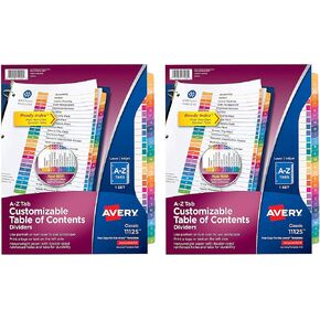 AVERY A-Z TAB Dividers for 3 RINGERS ، جدول محتويات قابل للتخصيص ، علامات تبويب متعددة الألوان ، مجموعة واحدة (11125) ، 2 عبوة