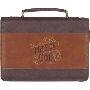 Christian Art Gifts Classic Premium Vegan Leather Inspirational Bible Cover for Men: Man of God Encouraging Bible Verse, Heat-Debossed, Sturdy Pen Loops, Pockets, Easy Carry, Brown & Gold, XL